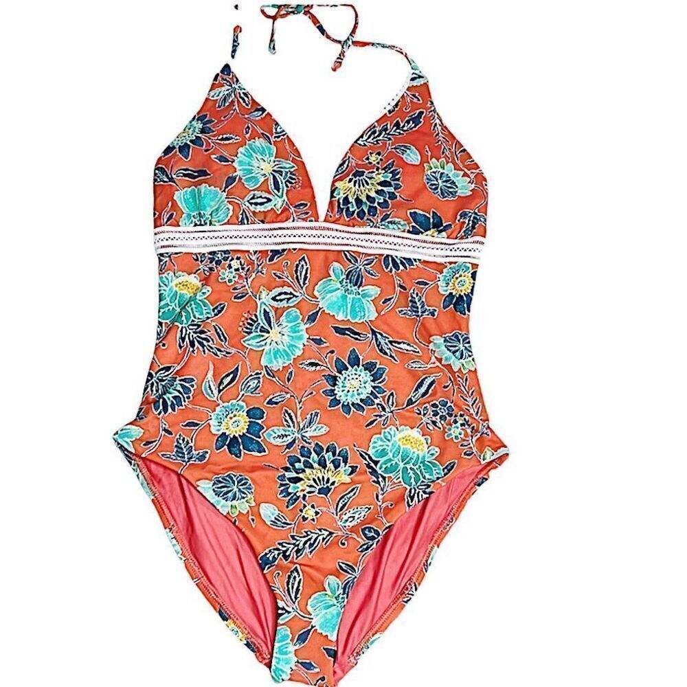 Ann Taylor Loft Swim Orange Floral One Piece Swimsuit with Tassels Size 4 NWT